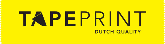 Tape bedrukken met geel en zwart logo.